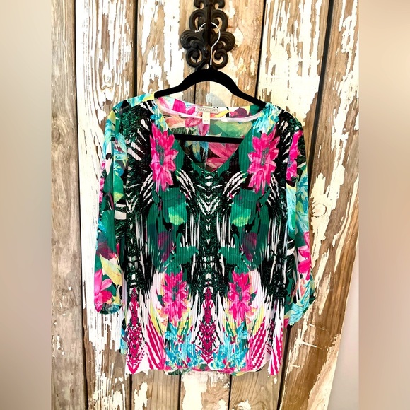 Dana Buchman Blouse Floral Size Large  Pleated - Picture 1 of 5
